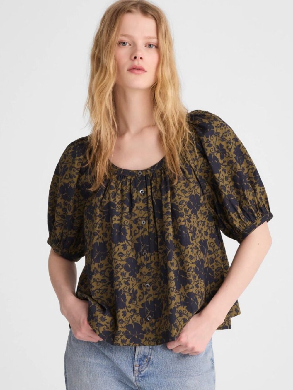 Madewell Puff Sleeve Scoop Neck Top Spring 2026 Chateau Olive XXS Fits XXS-S